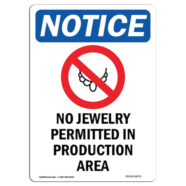 Signmission OSHA Sign, 10" H, Rigid Plastic, No Jewelry Permitted Sign With Symbol, Portrait, V-14671 OS-NS-P-710-V-14671 - main